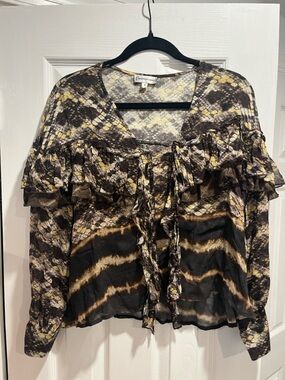 Anthropologie Conditions Apply Brown & tan Snake-Print Ruffle Tie Blouse